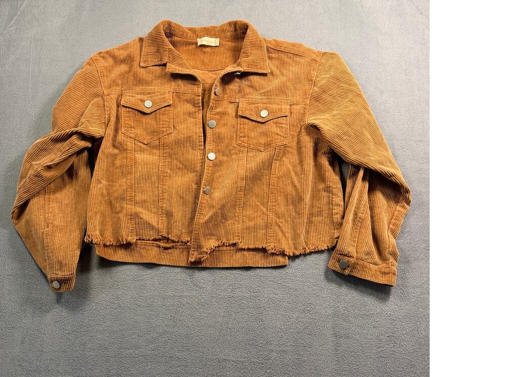 Altar'd State Corduroy Jacket Womens Large Brown Camel Cropped Raw Hem Button Up